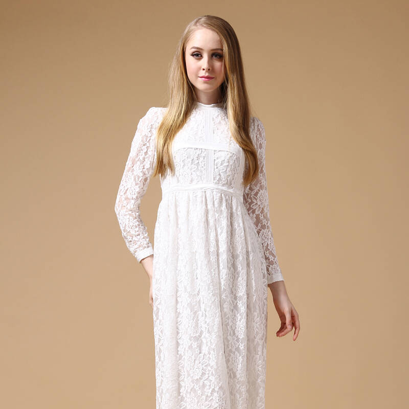 布音 新款女装 韩雪纺勾花绸缎塑身长袖连衣裙 蕾丝长裙 白色 l