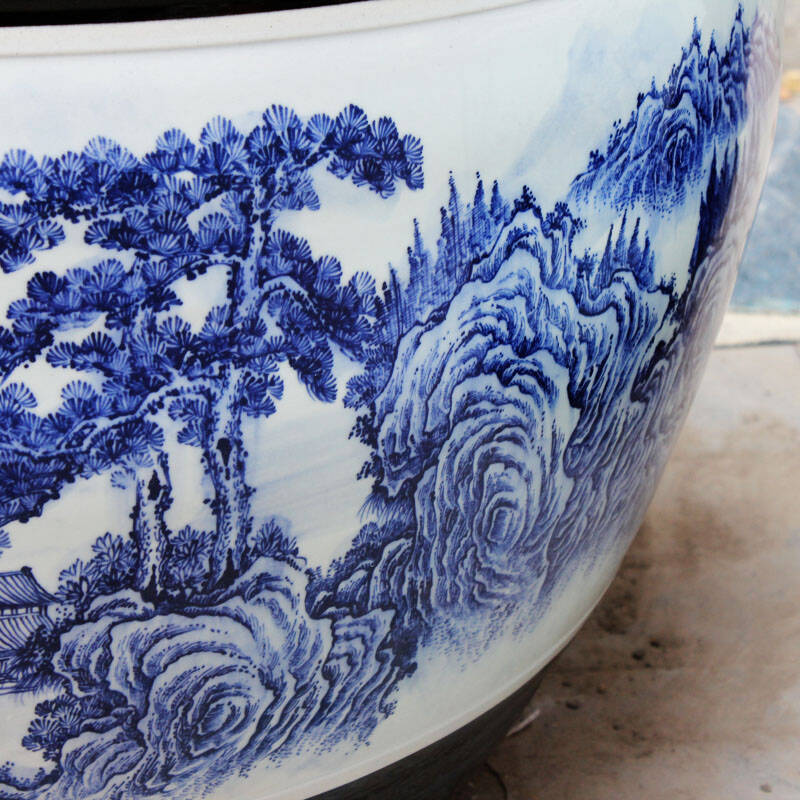 欢畅 景德镇陶瓷 手工绘画青花山树鱼缸 超大型水族箱 家居摆件 yg0