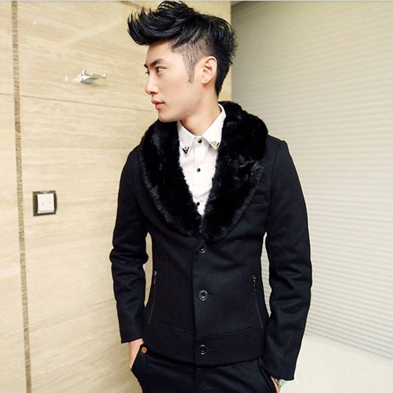 简柯林 潮男款高档毛呢料韩版修身大毛领西装 小西服203w29支持货到