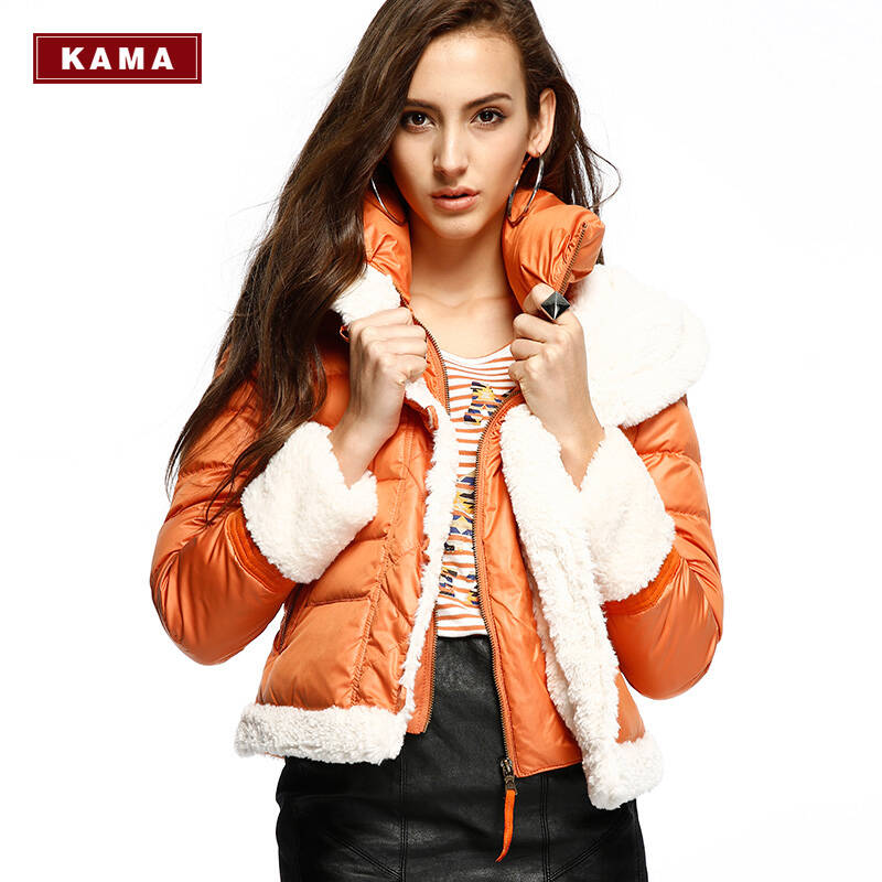 卡玛kama 女士毛绒连帽时尚保暖休闲羽绒服 7413786 橙色 m(160/84a)
