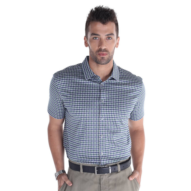 奥肯aoken t恤男 蚕丝棉混纺短袖衬衫 系扣开衫82075货到付款 蓝色 50