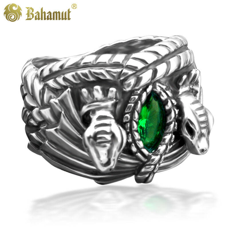 bahamut s925纯银饰品 指环王魔戒阿拉贡巴拉赫之戒泰银戒指男款 镶绿
