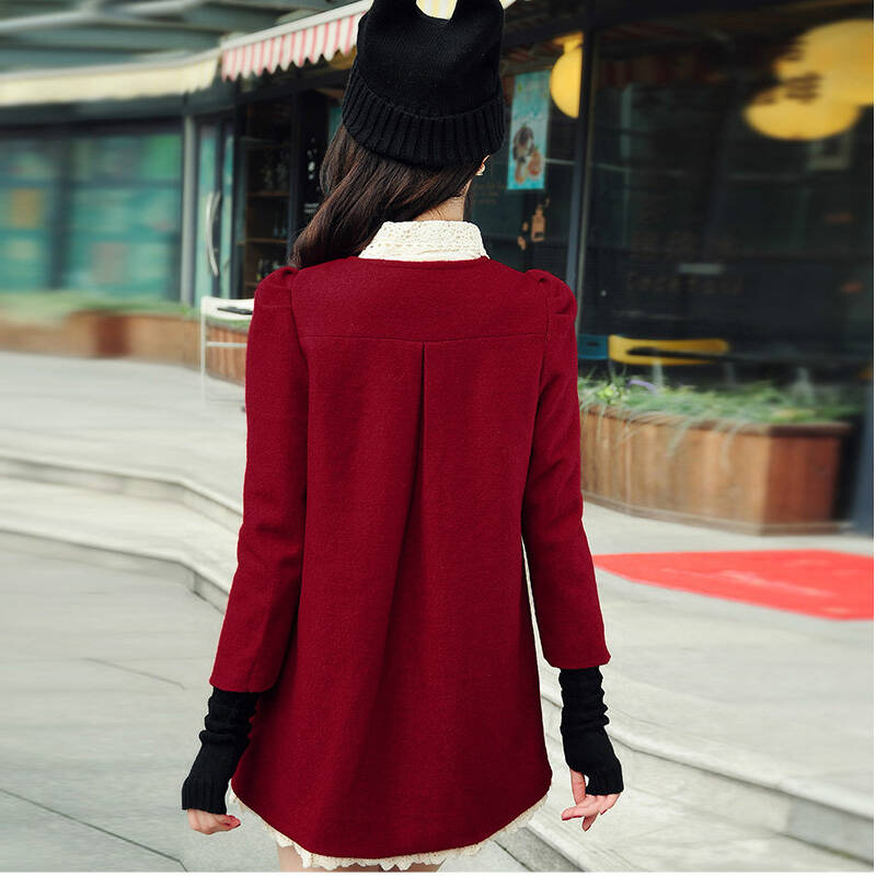 clothes秋冬新款大衣蕾丝花边下摆配手套呢料大衣外套xf-13182 丹红色