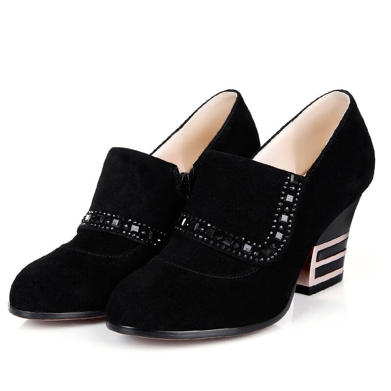 浓情漫宇 2015欧美新款水钻高跟鞋 粗跟鞋牛筋底单鞋女y633 黑色 39