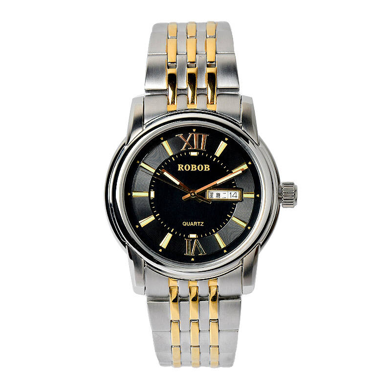 罗宾robob 精钢商务双日历男表大气罗马数字夜光刻度手表 6001介金黑
