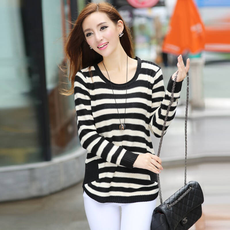 服饰鞋帽 女装 针织衫 > 爱衣家族 新款条纹圆领个性毛衣针织衫 黑白