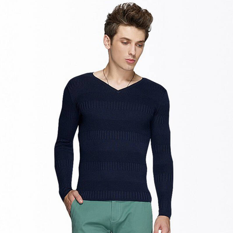 deirada 男士长袖v领毛衣 套头修身拼色 长袖针织衫男700003 宝蓝色
