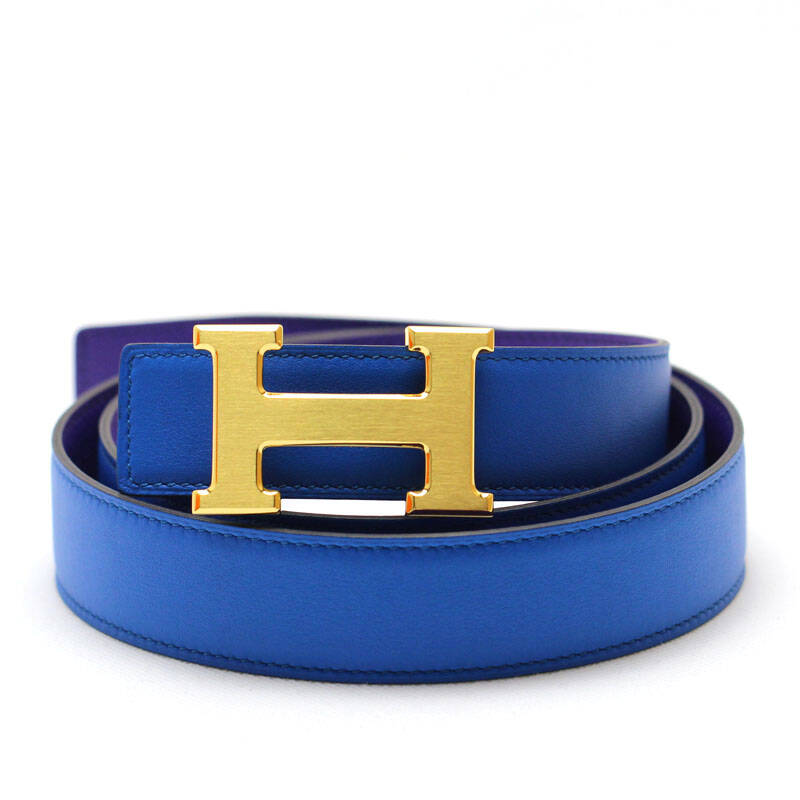 爱马仕 hermes 金色拉丝头荔枝紫蓝光面皮带 金色拉丝头荔枝紫蓝光面