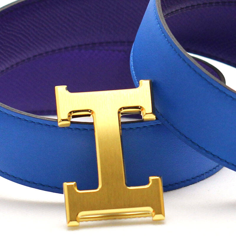 爱马仕 hermes 金色拉丝头荔枝紫蓝光面皮带 金色拉丝头荔枝紫蓝光面