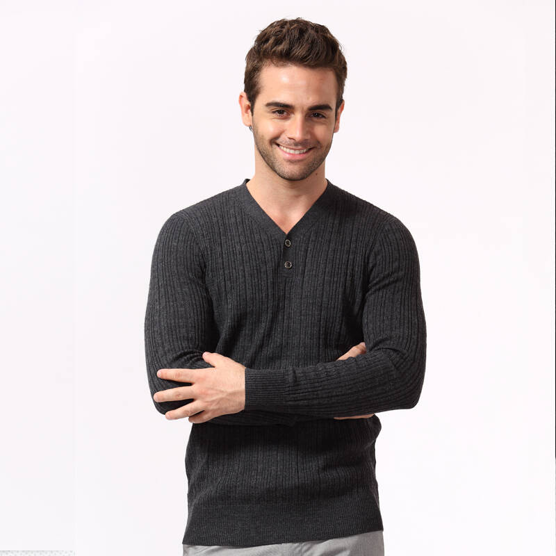 男装男士羊毛衣 v领套头针织衫男秋天线衫男毛衫线衣 薄 深中灰 52