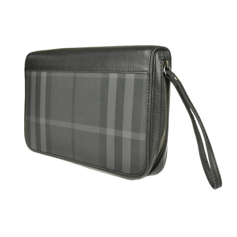 burberry巴宝莉男包欧美暗色格纹配皮边拉链长钱包大