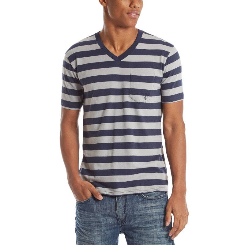 guess 盖尔斯 男士多色纯棉v领短袖套头条纹t恤 蓝色 l