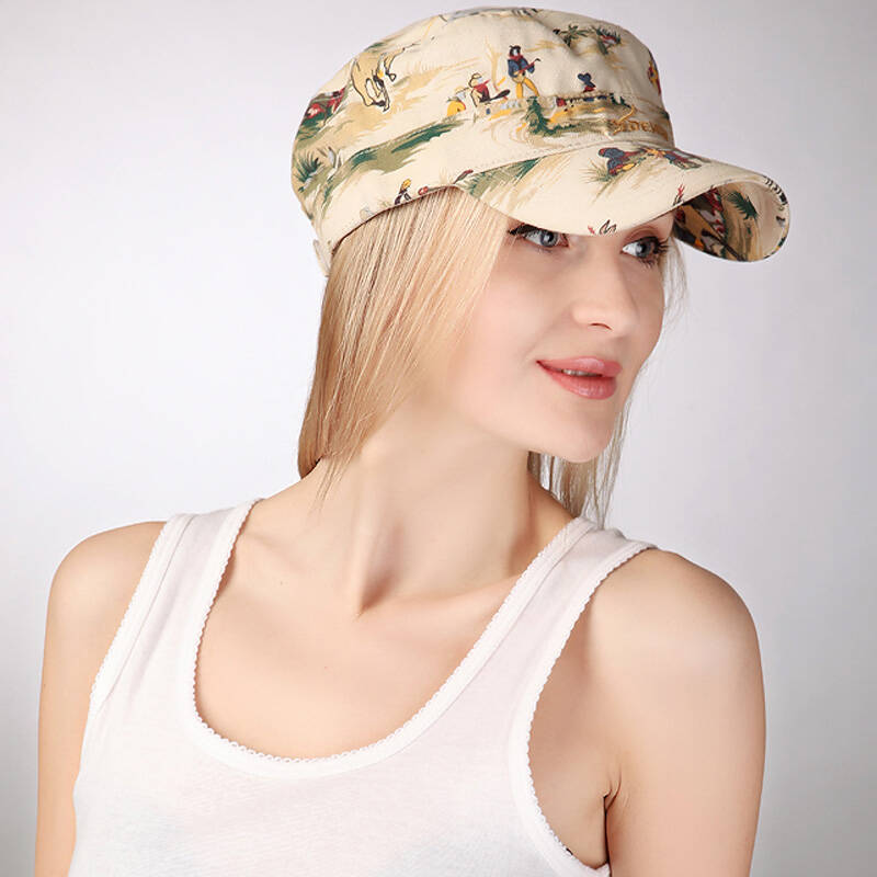 deniso春夏户外防晒防风大沿纯棉女士军帽鸭舌帽ds-2200 白色印花