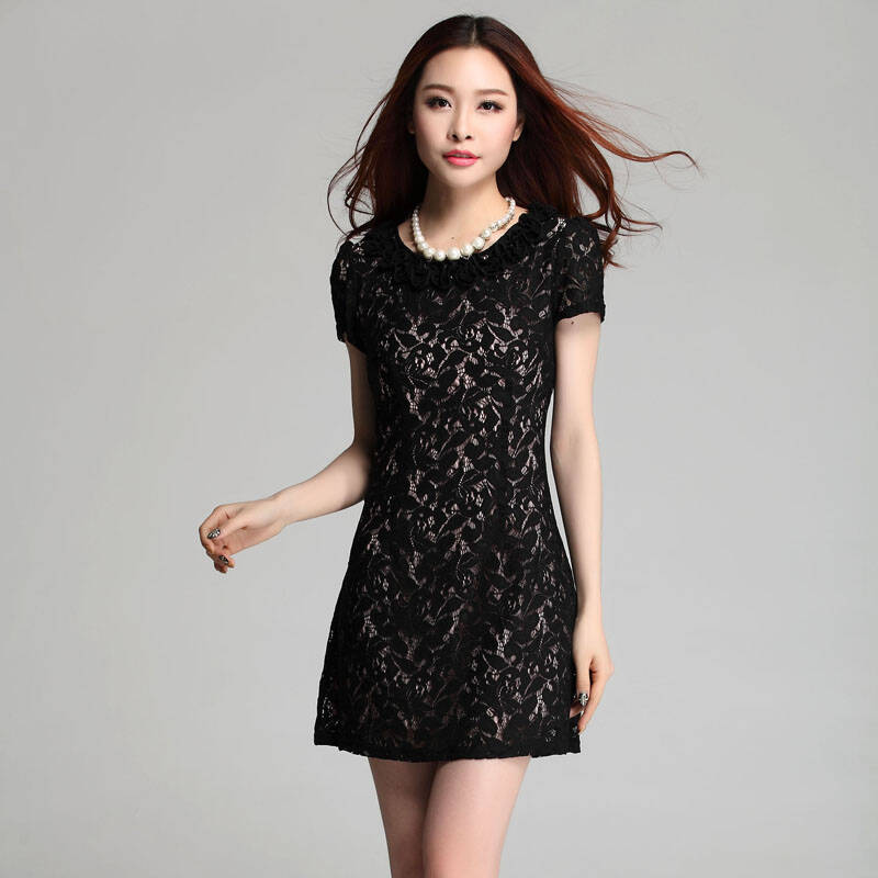 2014夏季新款韩版通勤女装短袖修身显瘦圆领蕾丝连衣裙夏装a字裙 黑色
