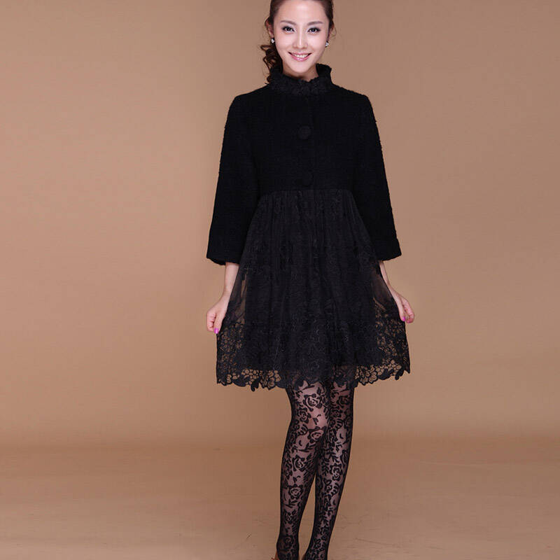 欣柏纶2014秋冬装欧根纱刺绣蕾丝高腰喇叭袖毛呢子大衣厚外套女装8863