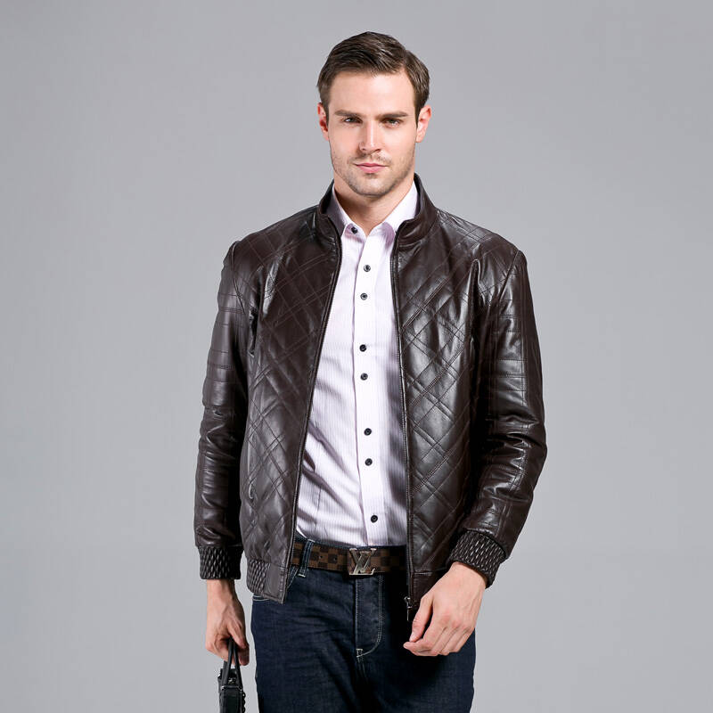 雷豹真皮2013新款男式加棉皮衣海宁时尚皮衣修身绵羊皮衣男30531 棕色