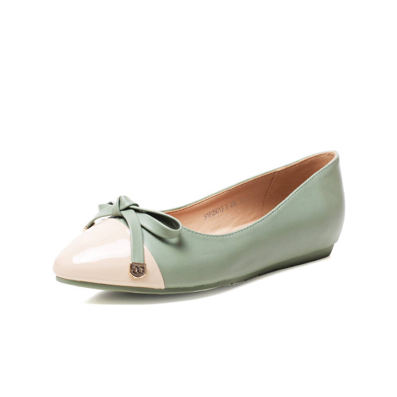 珂卡芙2014春季拼色平跟内增高单鞋 尖头蝴蝶结女鞋 草绿色 34