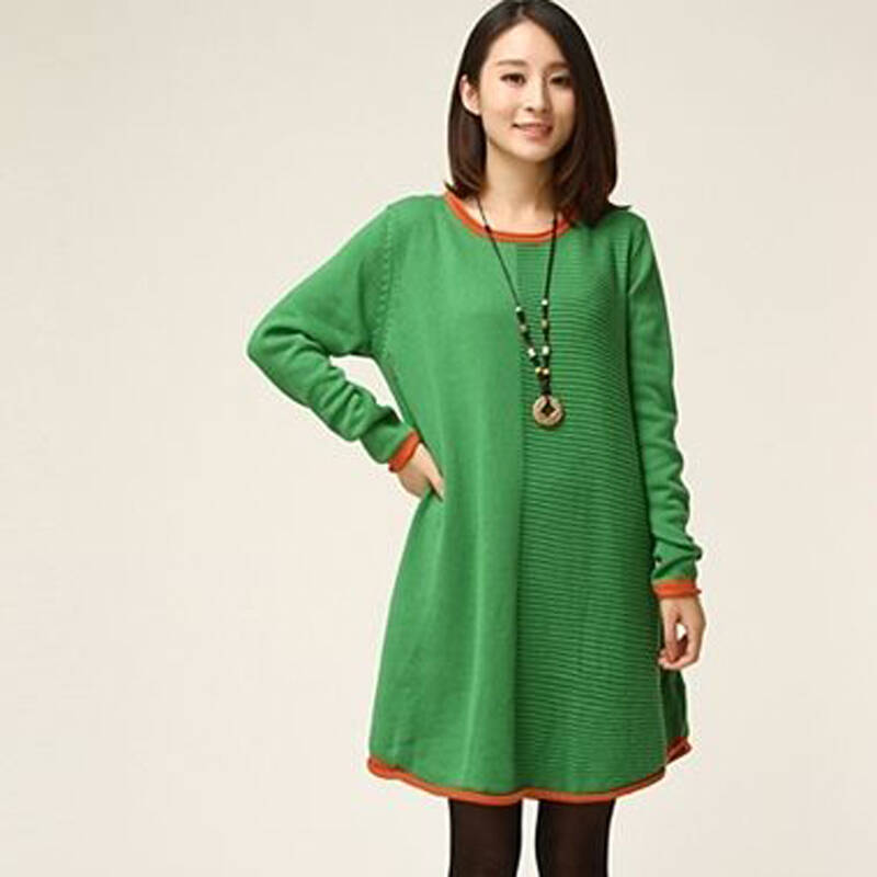 加肥特大码胖人女装遮小肚子长袖针织连衣裙胖妹妹服饰qjy2633 绿色