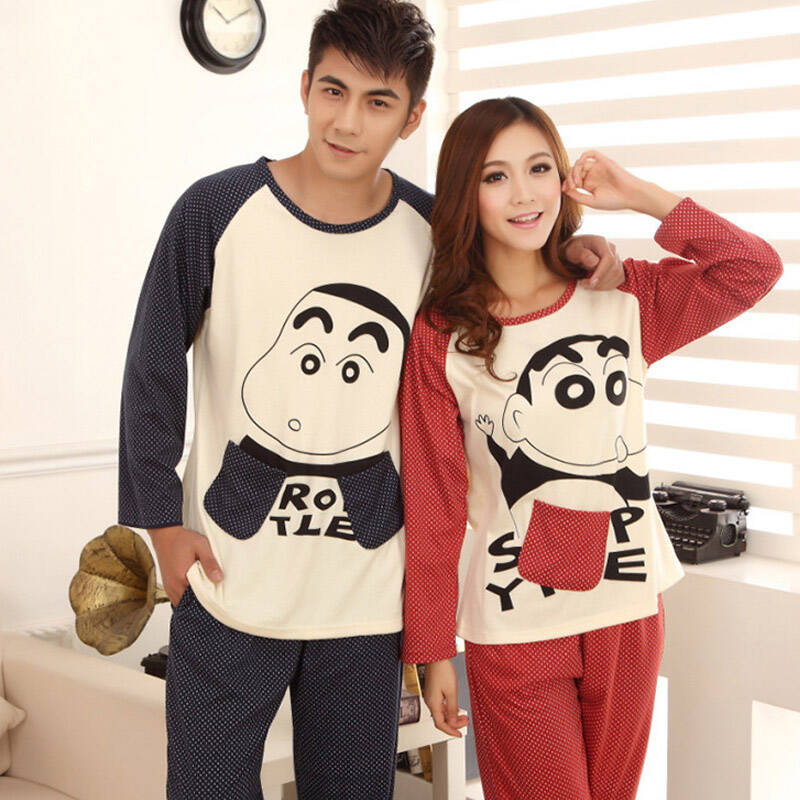 秋冬季 长袖男士棉质睡衣可爱卡通蜡笔小新套装情侣家居服 男款 l