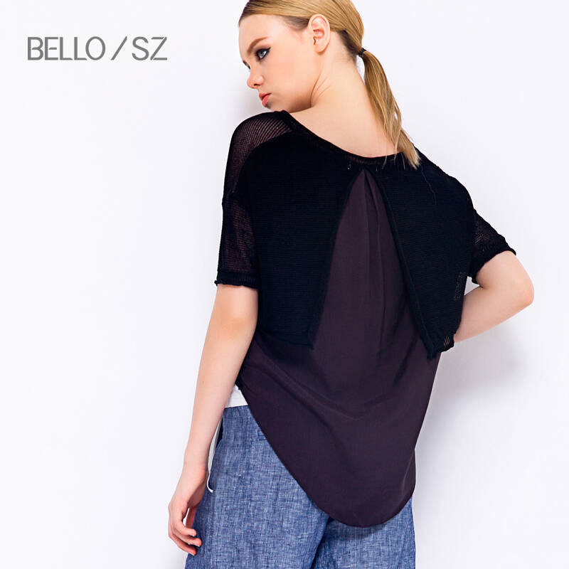 bello sz/贝洛安2014春夏新款短袖拼接不对称套头针织衫女 bhcm1701