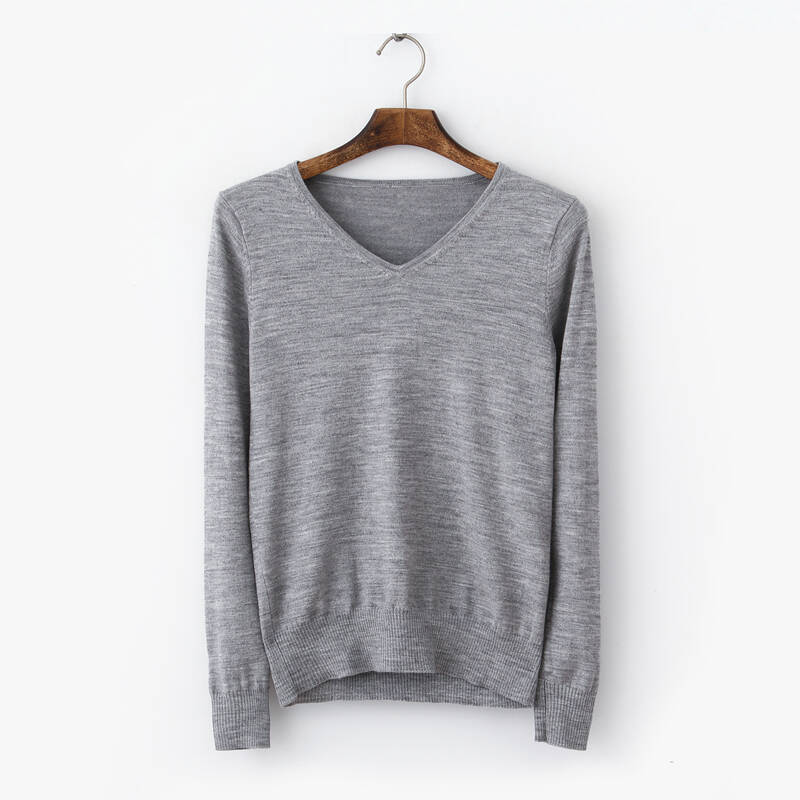 初棉丝光羊毛针织衫女v领套头毛衣薄款秋冬款鸡心领毛衣女打底衫 麻灰