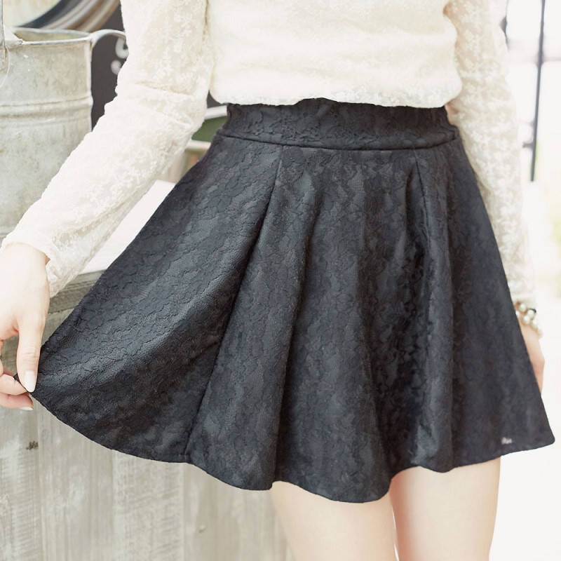 玛薇琦 全蕾丝松紧波浪圆裙短裙3019266 黑色 均码