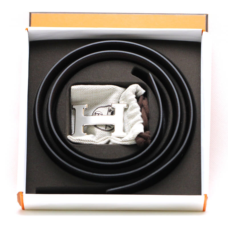 爱马仕 hermes 银色拉丝头荔枝咖光面黑皮带 银色拉丝头荔枝咖光面黑