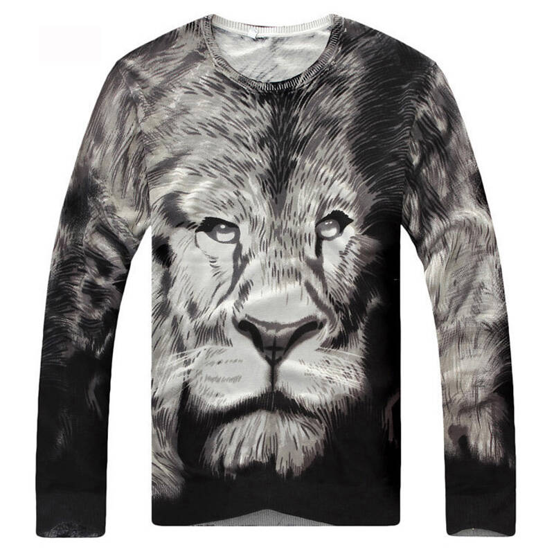 薄款羊毛衫 超个性狮子头图案男士羊毛衫 男式毛衣 针织衫线衣男 灰色