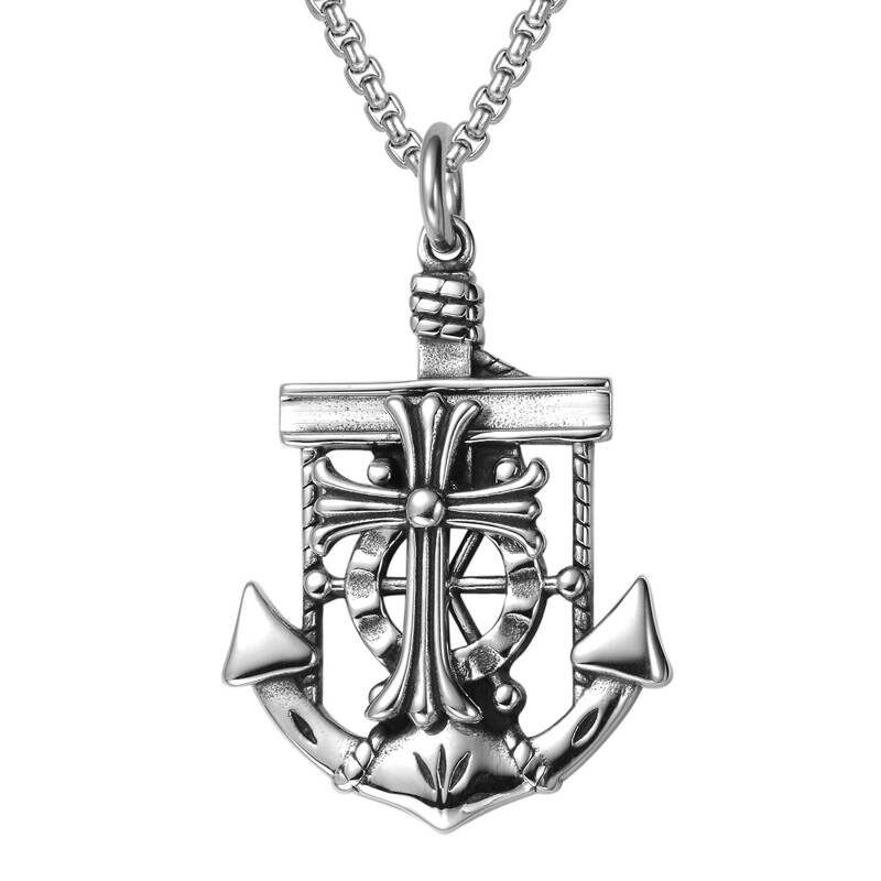 诗妙雨 复古钛钢鸢尾花十字架圣教男女款钛钢吊坠 情侣项链潮人时尚