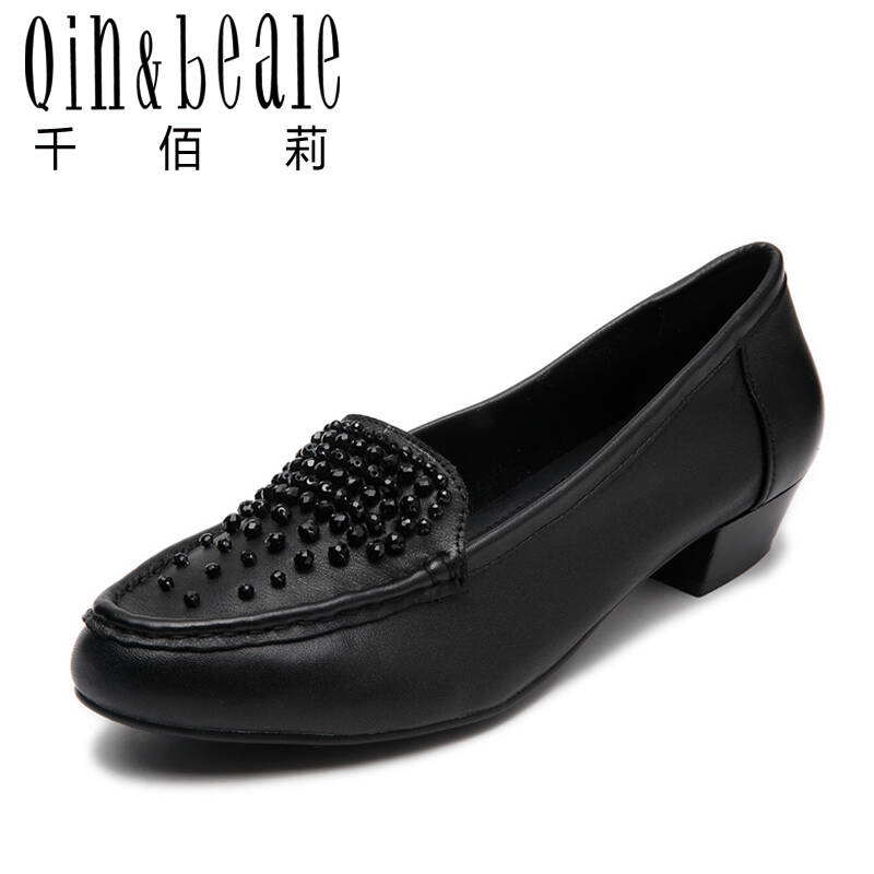 千佰莉新款女鞋 头层牛皮 加大码舒适低跟加大号超大号时尚水钻特大号