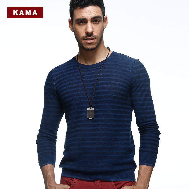 kama 卡玛春秋装新款男条纹印染长袖纯色休闲针织衫毛衣 2313425 蓝色