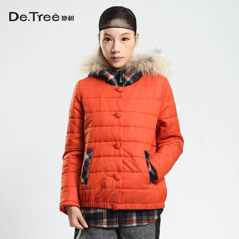 detree地树 新款女装冬装格子拼接两件套连帽韩版短棉衣2342303 桃红