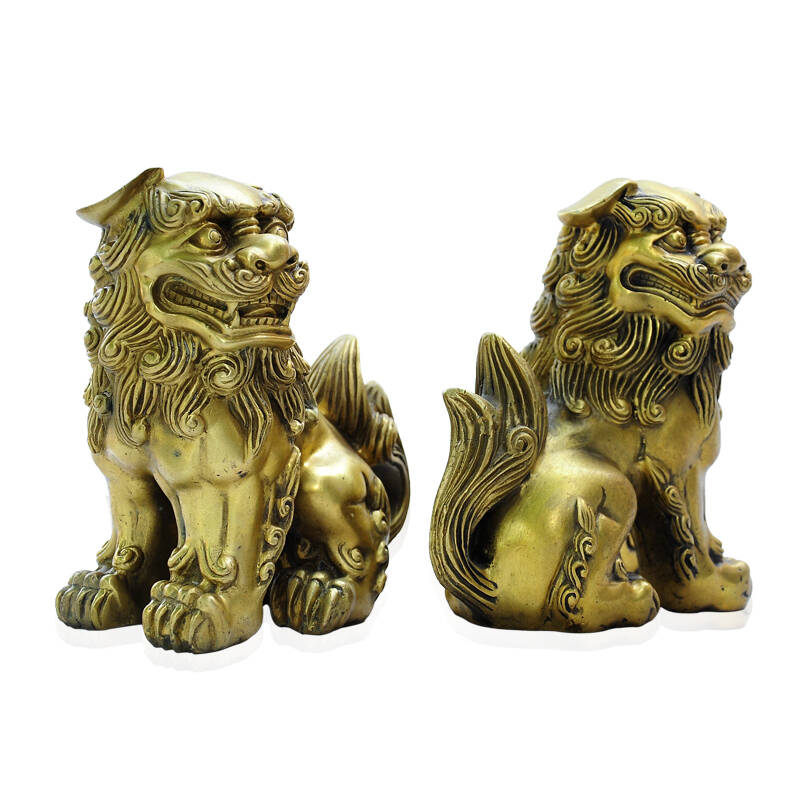 葩朵儿 黄铜双狮摆件 辟邪纳福开运金狮铜器一对 中号