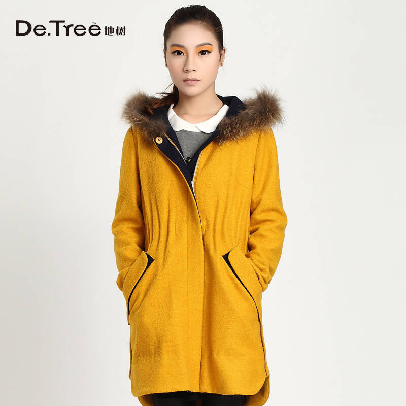 detree地树 2014春装新款女装外套带毛领撞色毛呢大衣收腰2412503 中