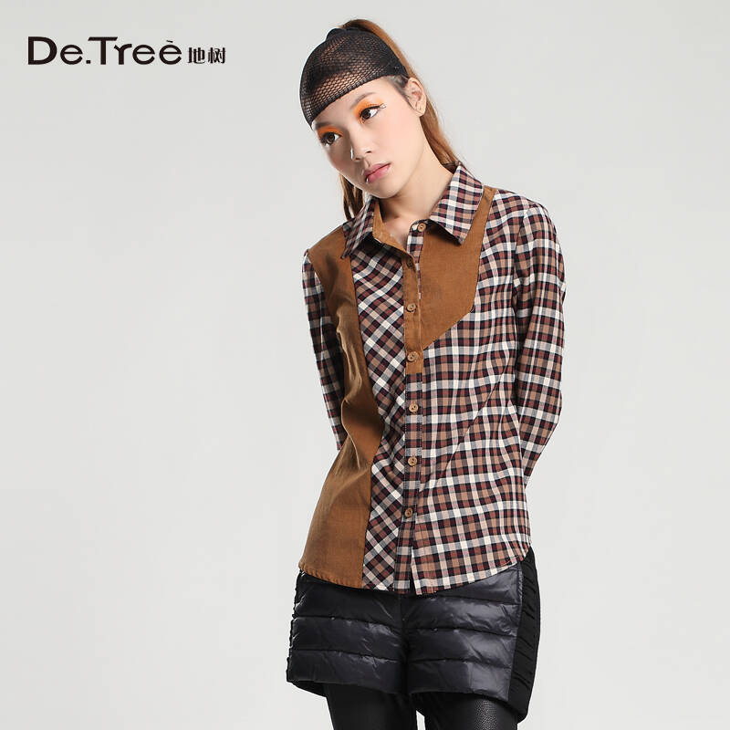 detree地树 2013新款女装纯棉格子拼色拼接感文艺衬衫韩版2340504 粉