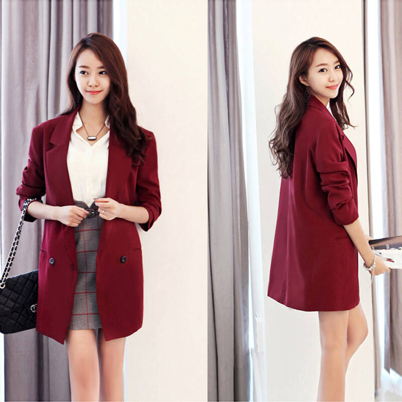 蒙格勒女式新款西装 韩版双排扣大码宽松休闲女士西装外套 枣红色
