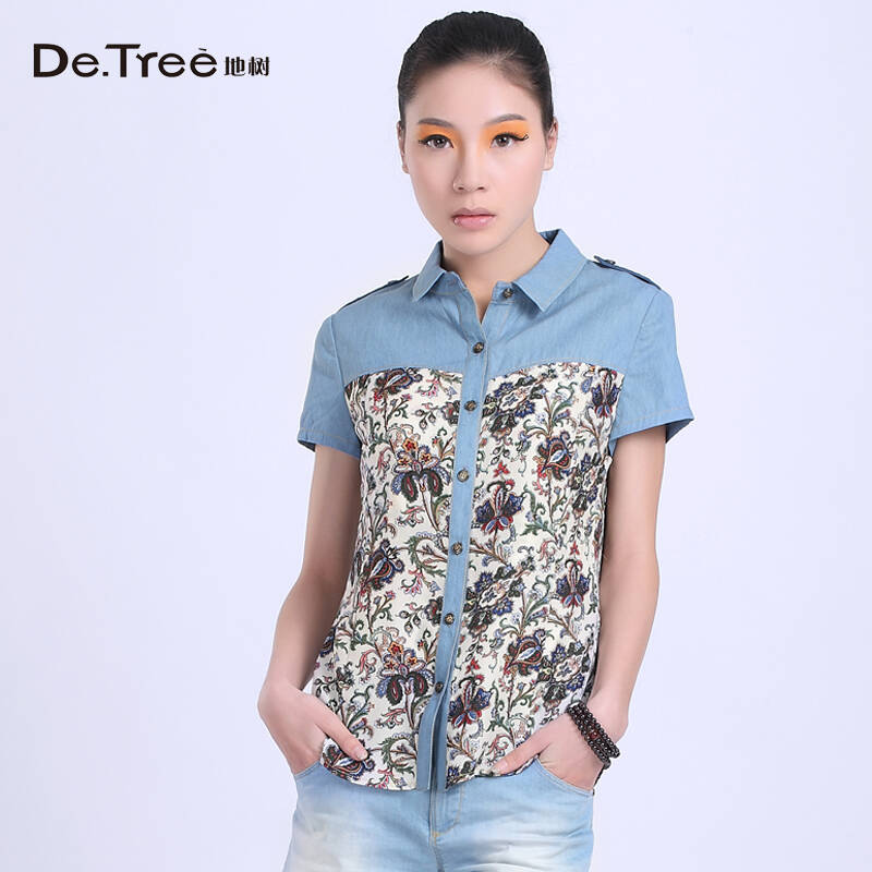 detree地树 2014新款女装上装印花雪纺衫拼接牛仔短袖衬衫2420407 中