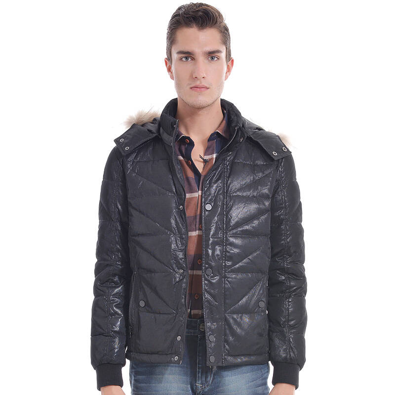 京东配送 利郎l2 时尚休闲 短款修身 貉子毛连帽羽绒服 亮黑/藏蓝