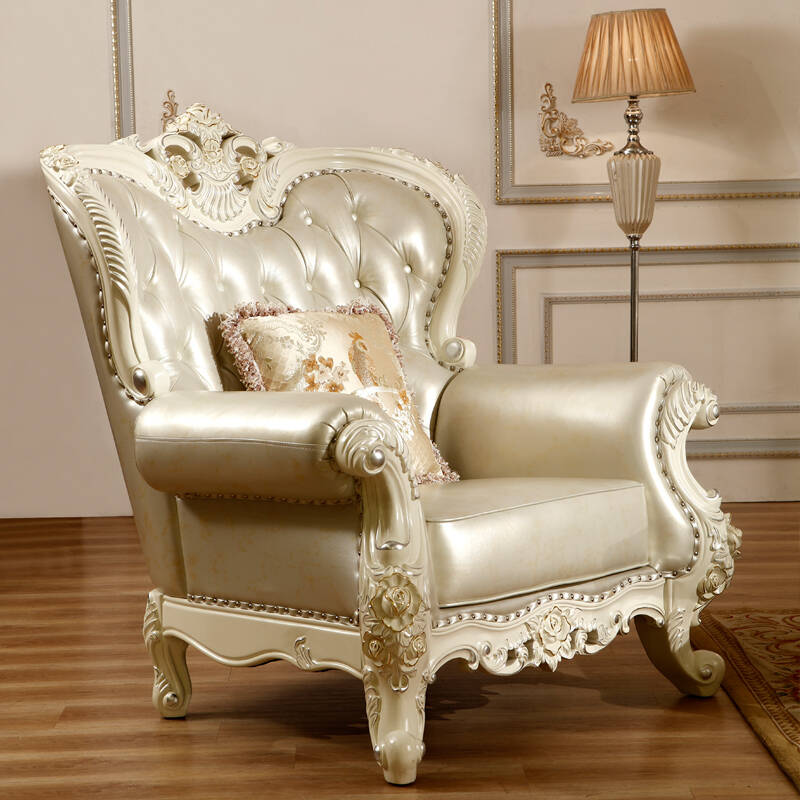 波奈尔 欧式沙发 法式实木雕花沙发 头层真皮田园组合沙发 象牙白