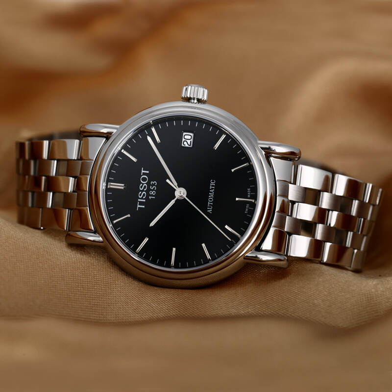 天梭tissot男表 卡森系列自动机械精钢男士手表 黑色t95.1.483.51