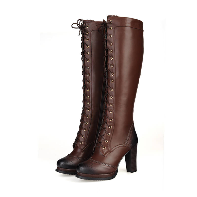 素糖韩国热卖真皮高跟长靴子复古女靴子防水台系带粗跟高筒靴t128