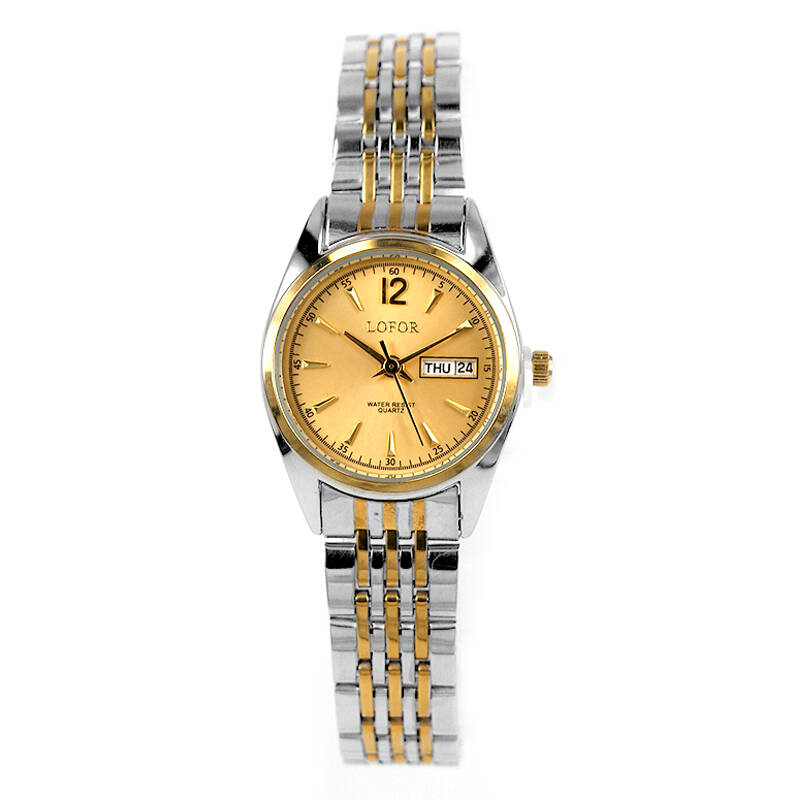 罗佛伦(lofor)经典大气双日历商务时尚钢带女士手表6168女款 金色