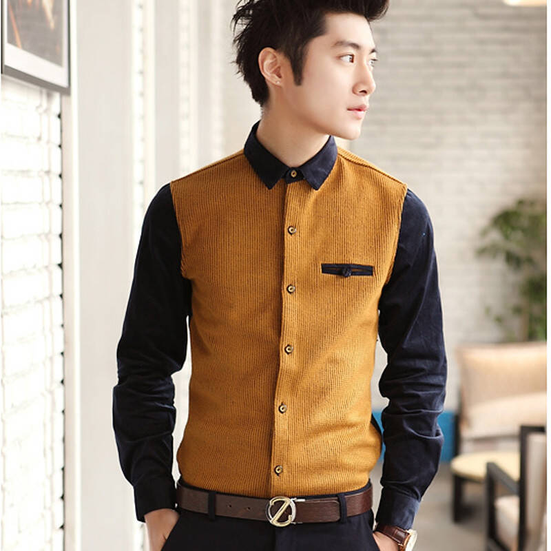 ldb 2014春夏新品 韩版修身长袖衬衫 男士休闲衬衫 男灯芯绒衬衣男寸