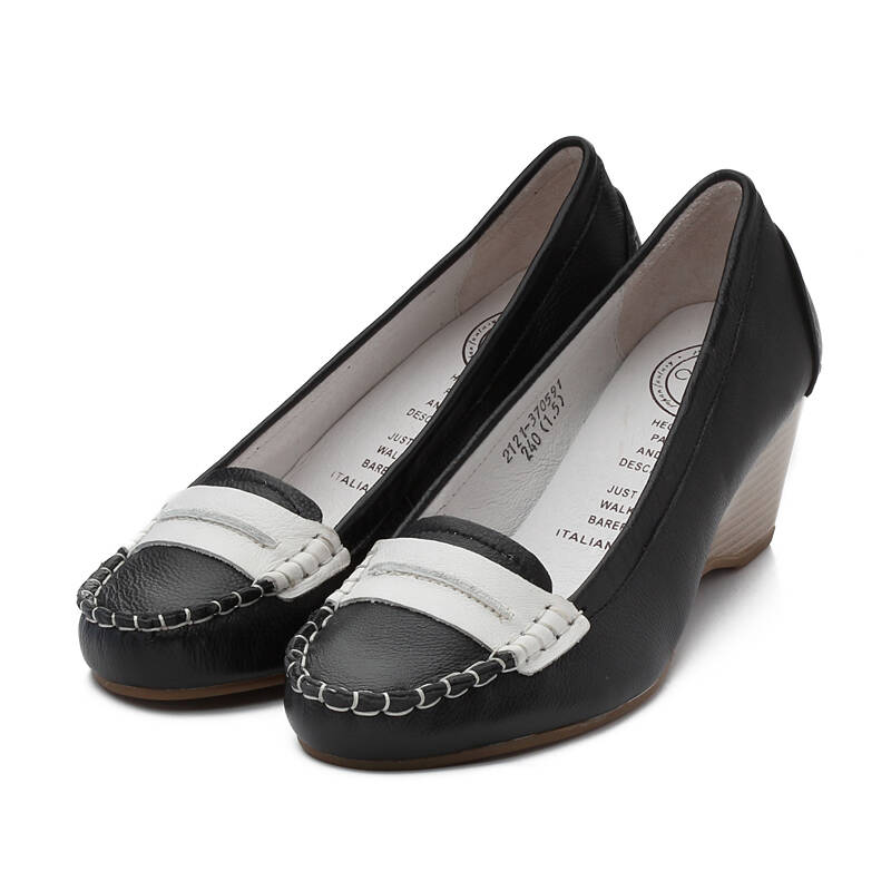 coey酷丽 时尚休闲黑白色拼接坡跟单鞋 真皮浅口圆头女式鞋37059 黑色