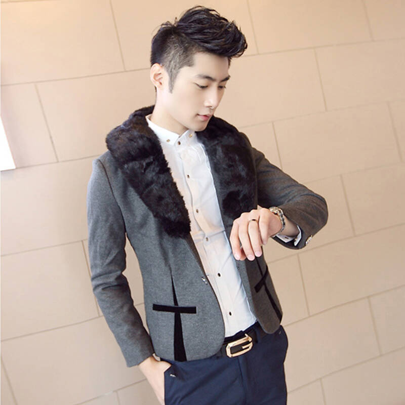 h货到付款2013 秋冬男士气质款毛领西装x00-w47| 灰色 m偏小一码