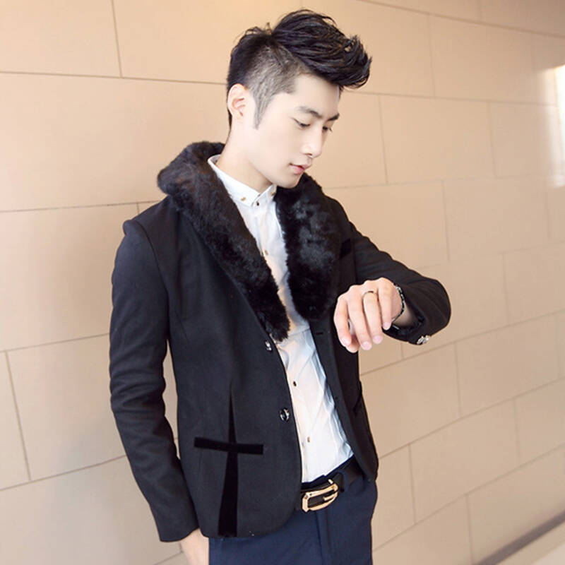 h货到付款2013 秋冬男士气质款毛领西装x00-w47| 黑色 m偏小一码