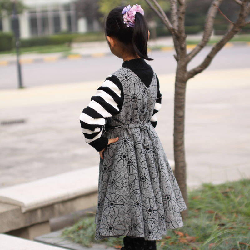 卡波树新款女孩童秋装公主裙毛呢儿童中大童学生连衣裙子 灰色 140