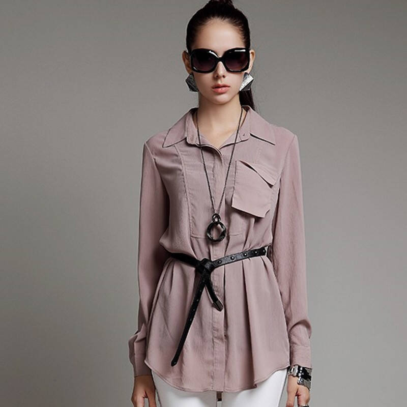 森松雨2014春季新款女装 雪纺长袖大码不规则中长款衬衣 3896 深藕色