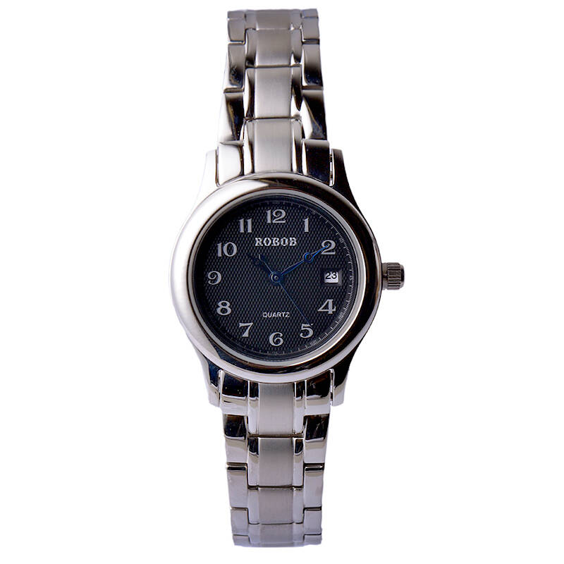 罗宾robob商务情侣腕女表日历大三针时尚高端刻度手表a6009 白钢黑底