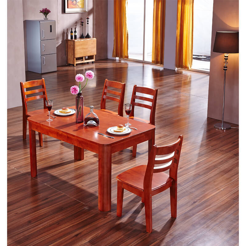 624 065 实木餐桌 简约时尚实木餐桌椅 实木方桌 餐台 海棠色 一桌4椅
